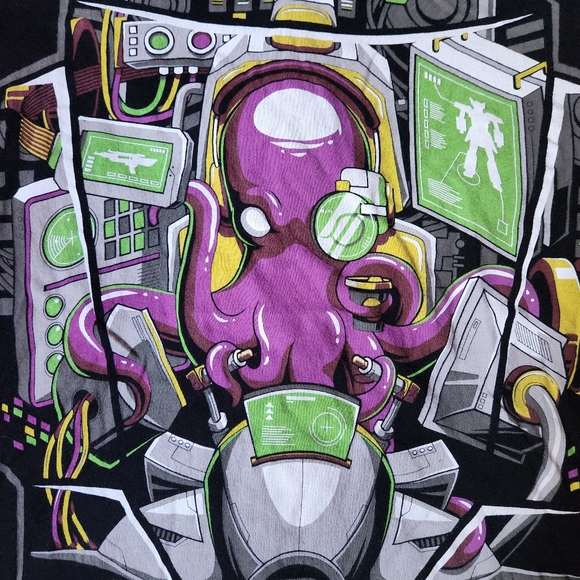 Into The AM Octopus Mech Robot Mobile Suit Pilot Men S Black Graphic Tee T-Shirt - Picture 3 of 5